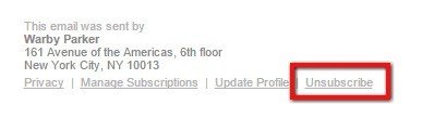 Unsubscribe Link from Warby Parker Email Campaign