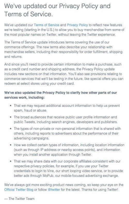 Twitter Email on Privacy Policy and Terms of Service Updates