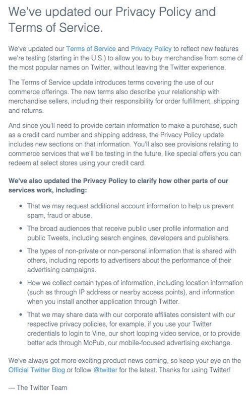 Twitter Email on Privacy Policy and Terms of Service Updates