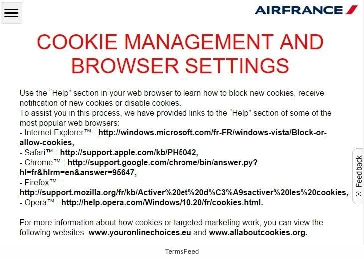 AirFrance: Cookie Management Section from Privacy Policy
