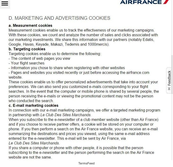 Screenshot of Privacy Policy from AirFrance on Marketing, Advertising Cookies