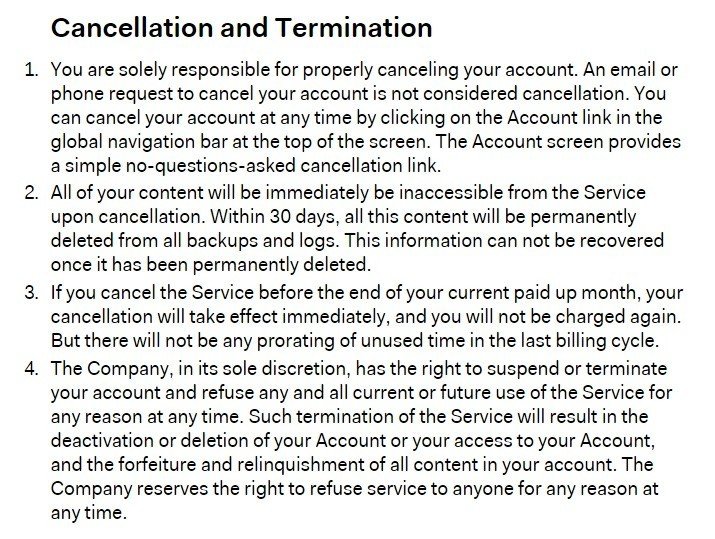 Basecamp: Cancellation and Termination in Terms of Service