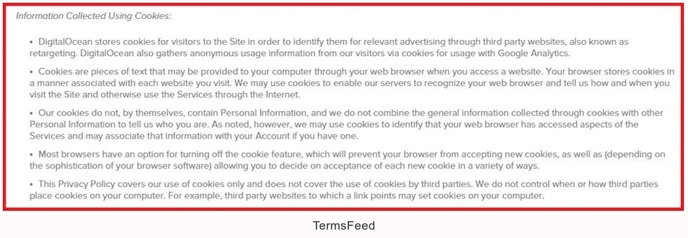 Digital Ocean: Information Collected Using Cookies clause