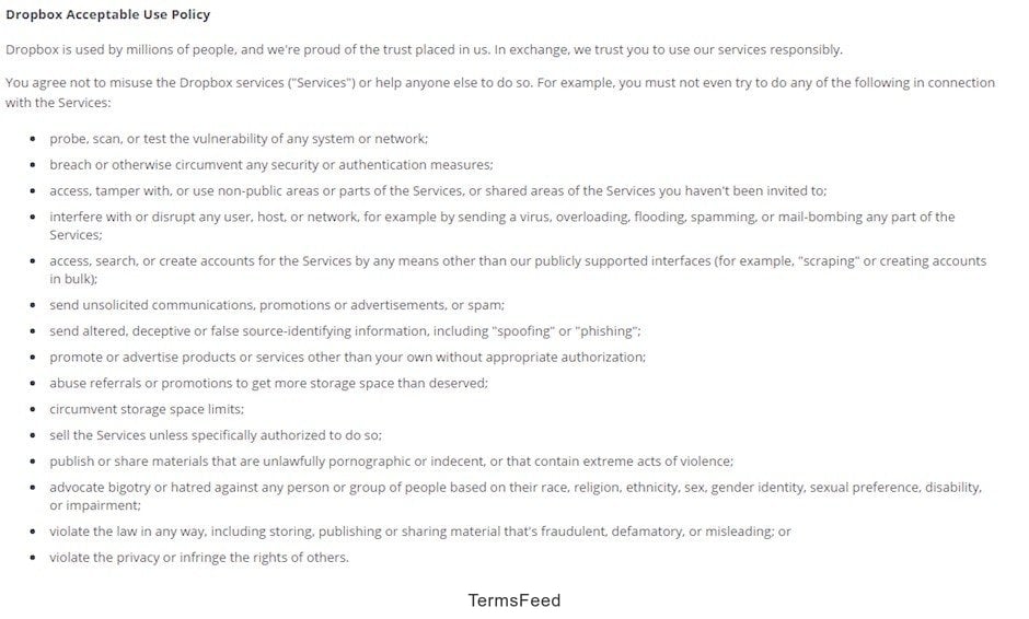 Screenshot of Dropbox Acceptable Use Policy