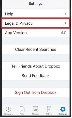 Highlight Legal & Privacy Item in Dropbox iOS App