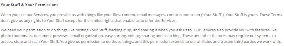 Your Stuff and Permissions clause from Dropbox Terms of Service