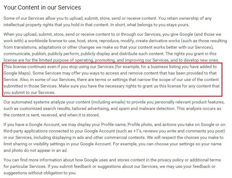 Google: Your Content and Conduct in Terms agreement