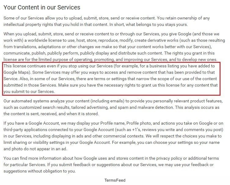 Google: Your Content and Conduct in Terms agreement