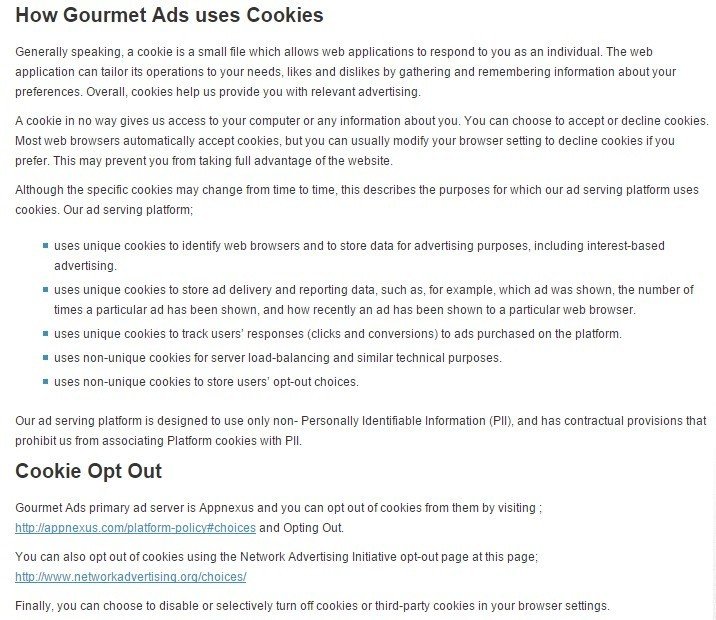 Gourmet Ads: How Gourmet Ads uses Cookies