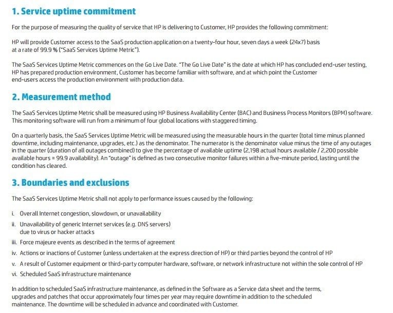 Screenshot of Service Uptime clause from HP SLA