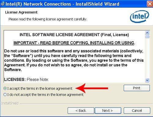 Intel InstallShield Wizard: Accept License Agreement