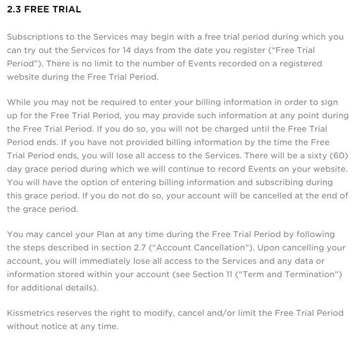 Terms of Use on Free Trial from Kissmetrics