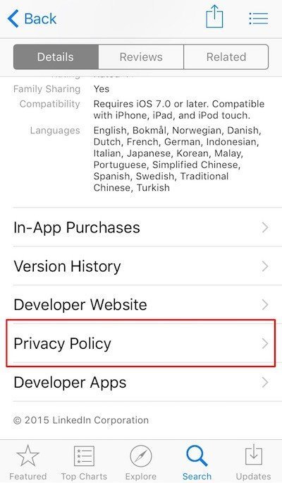 App Store: Highlight Privacy Policy link on LinkedIn iOS App