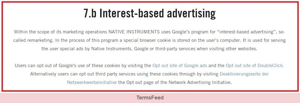 Native Instruments: Example of Interest-based advertising clause