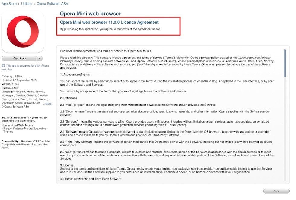 Opera Mini Browser: EULA is embedded on App Store