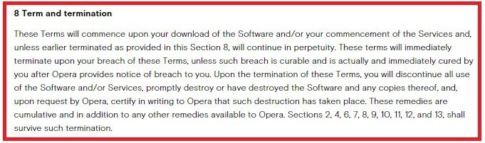 EULA of Opera Software: Term and Termination clause