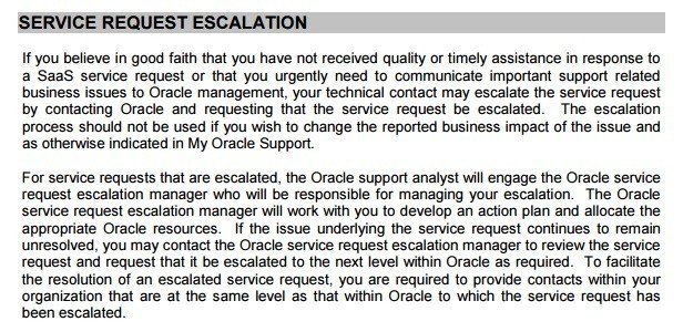 Screenshot of Escalation Procedure from Oracle SLA