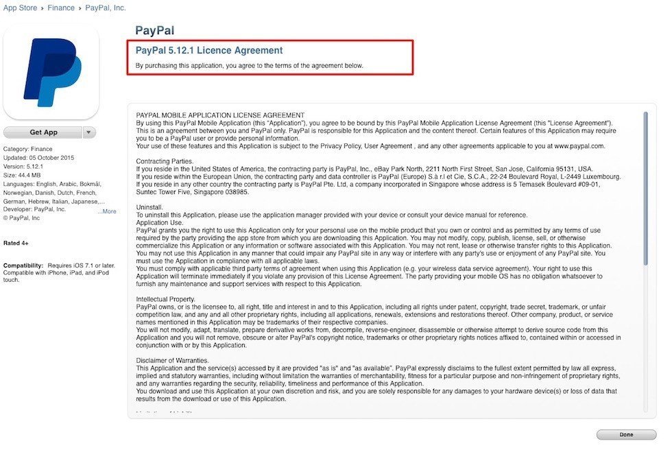 PayPal: EULA is embedded in App Store profile page