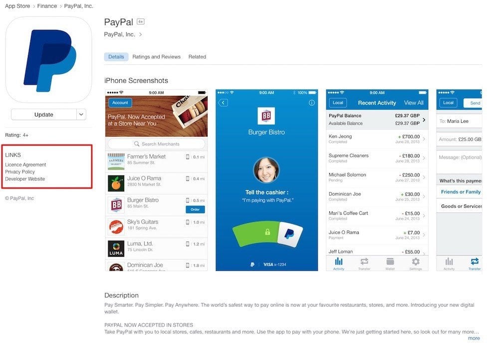 PayPal profile page of iOS app: highlight legal links