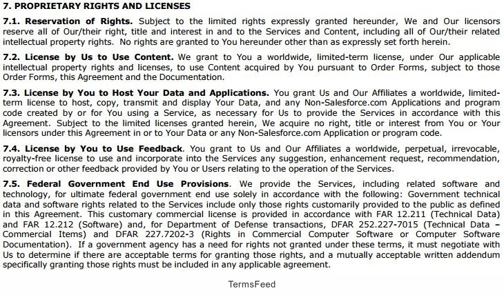 Salesforce Master Subscription Agreement: Proprietary Rights clause