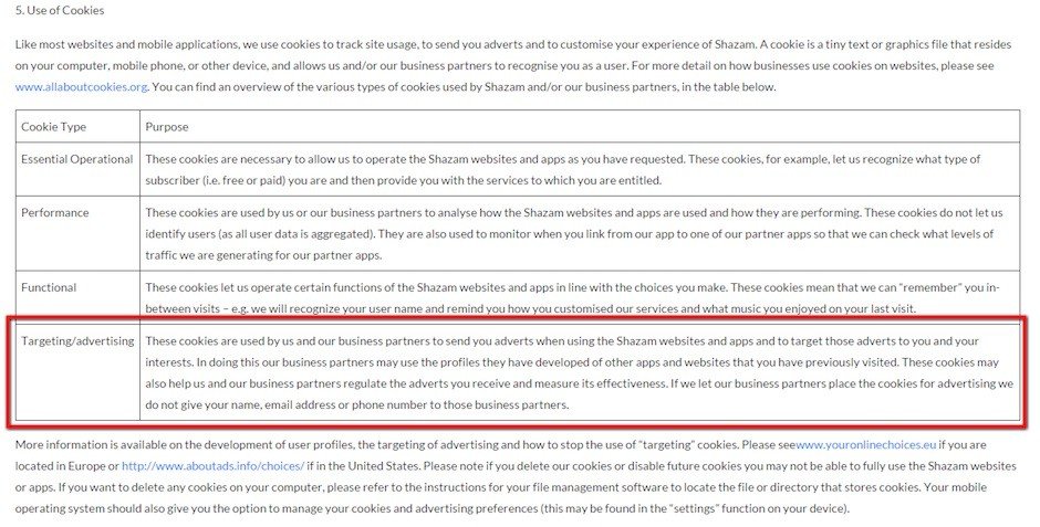 Shazam: Screenshot of Use of Cookies Section
