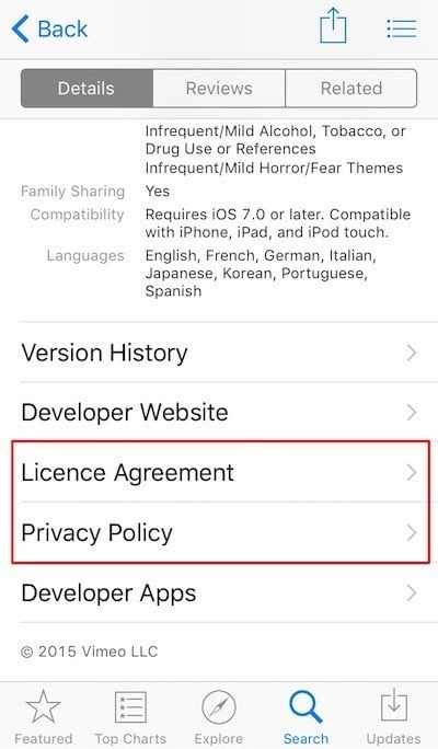Vimeo iOS app on App Store: Highlight legal agreements