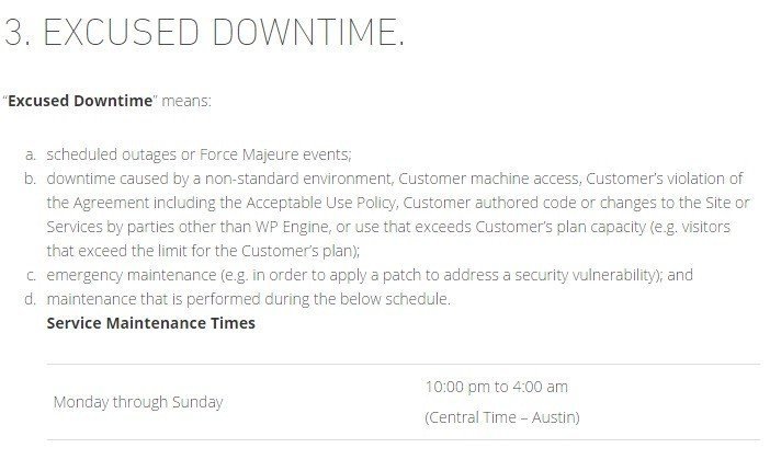 Screenshot of Excused Downtime from SLA of WP Engine