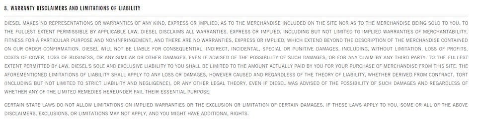 Diesel Terms of Sale: Warranty Disclaimer Clause