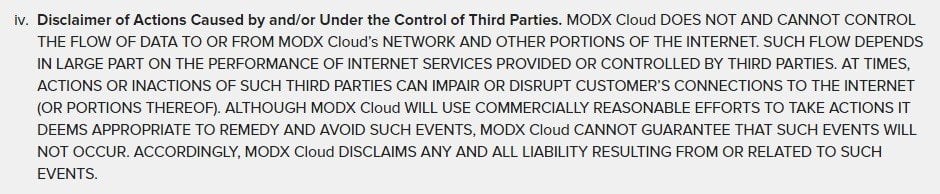 SLA of MODX Cloud: Disclaimer on third parties