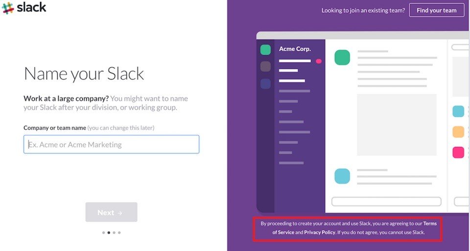 Slack: By proceeding, you are agreeing to ToS