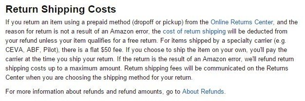 Screenshot of Return Shipping Costs section from Amazon