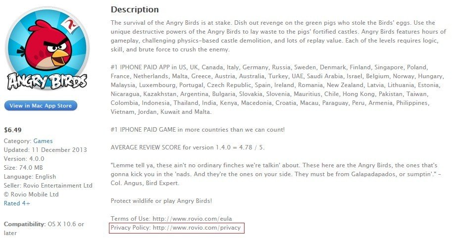 Screenshot of AngryBirds Apple App Store description page