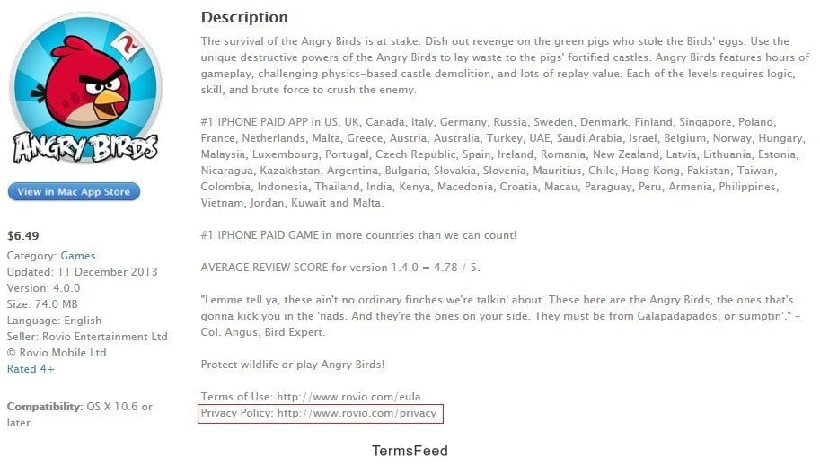 Screenshot of AngryBirds Apple App Store description page
