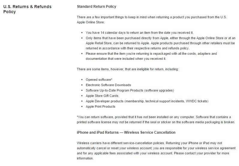 Screenshot of Apple US Store on Returns and Refunds
