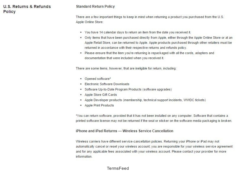 Screenshot of Apple US Store on Returns and Refunds