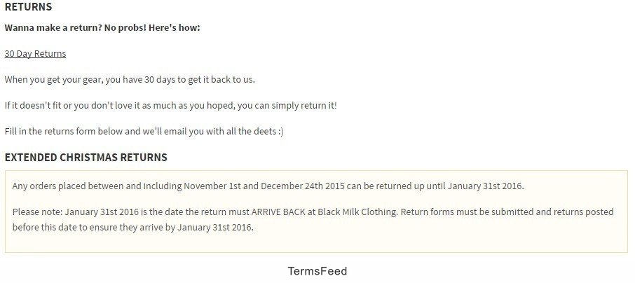 Screenshot of Blackmilk Clothing Returns Policy