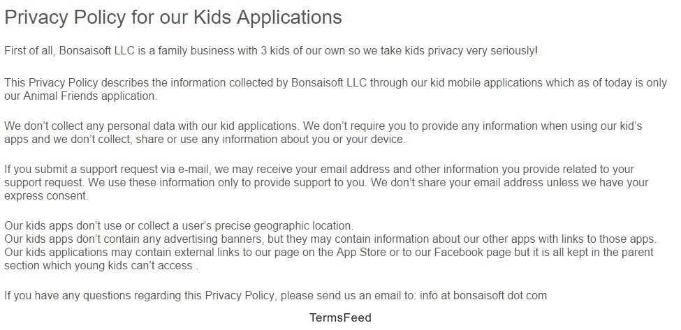 Bonsaisoft: Privacy Policy for our Kids Applications