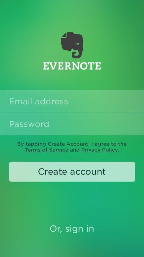 Login screen in Evernote iOS app