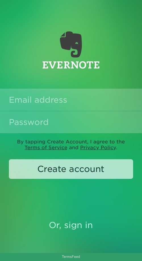 Login screen in Evernote iOS app