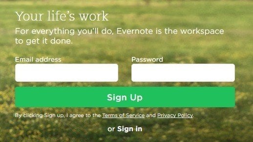 Login form on Evernote website