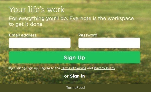 Login form on Evernote website