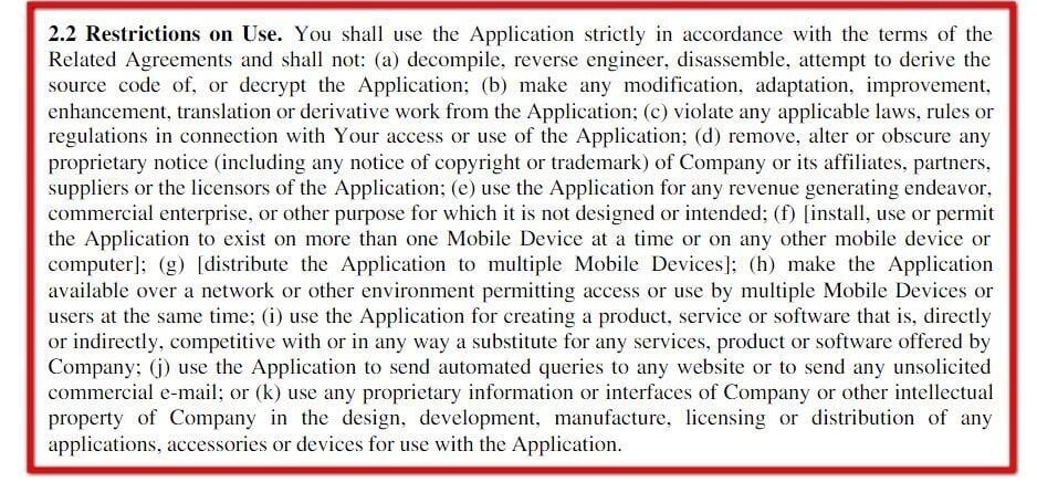 Example of Restrictions of Use clause in EULA