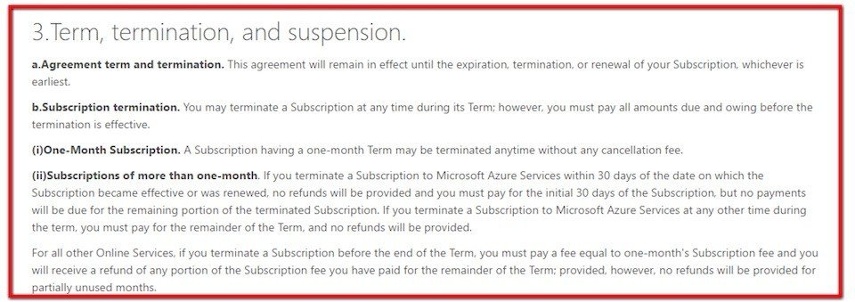 Microsoft Azure: Refunds on subscription termination