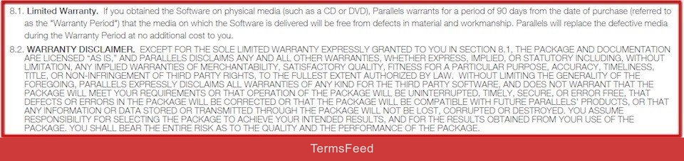 Limited warranty clause in Parallels software agreement
