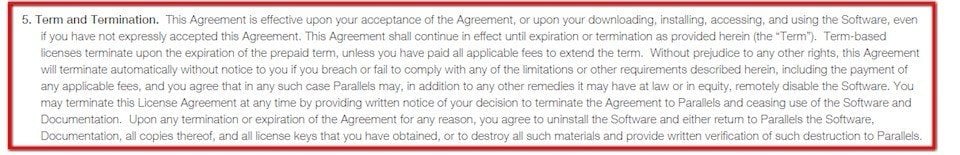 Termination clause in EULA of Parallels software