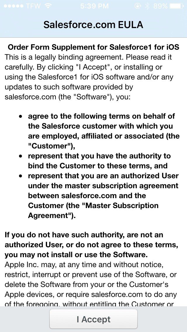 Accept EULA screen in SalesForce iOS app