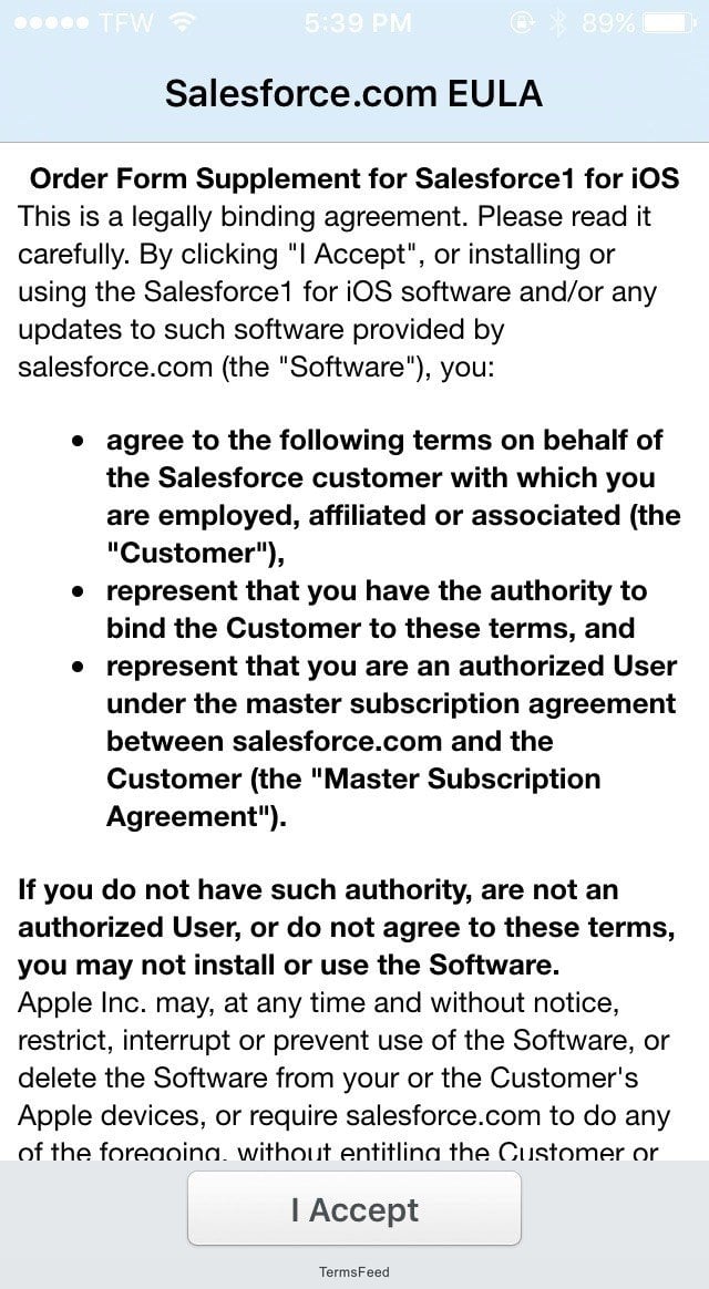 Accept EULA screen in SalesForce iOS app