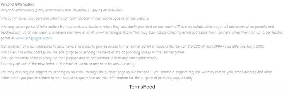 Screenshot of Privacy Policy page of TechSpaghetti