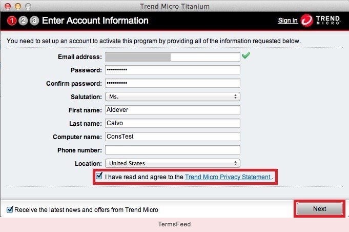 Highlight in TrendMicro: I have read and agree to