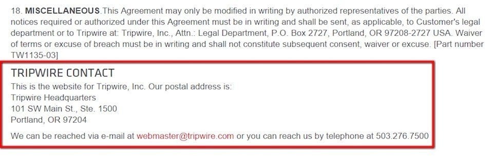 Contact information section in EULA of Tripwire